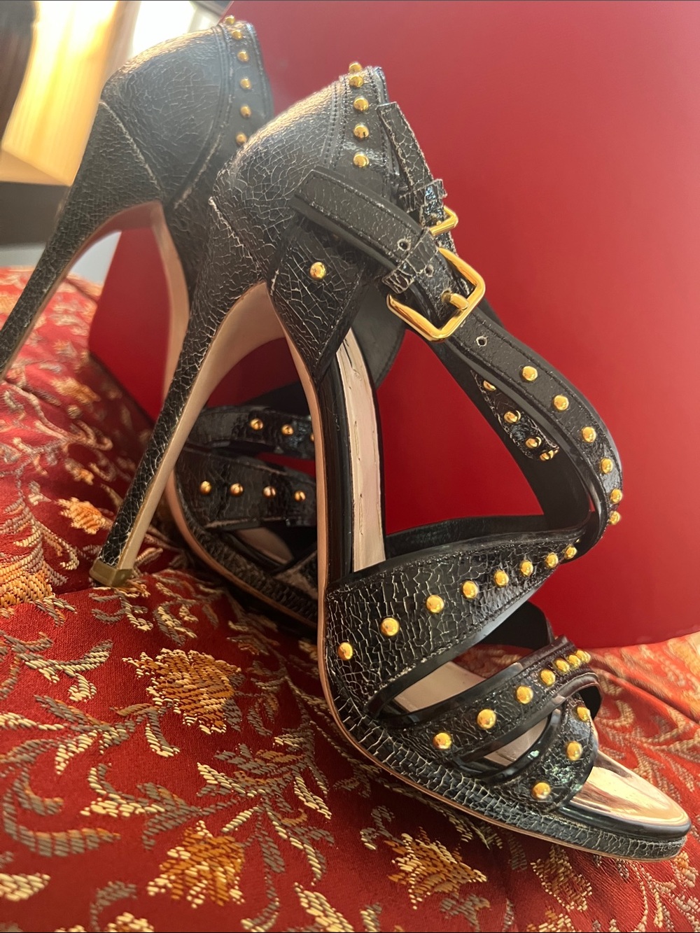 Miu Miu Black Crackled Leather Studded Strappy High-Heel Sandals ā¤ļøāš„ - Picture 15 of 16
